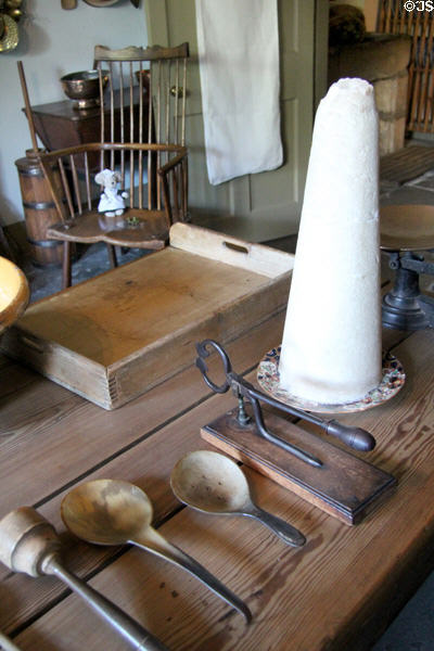 Sugar cone & snips plus cooking utensils in kitchen at Georgian House museum. Edinburgh, Scotland.