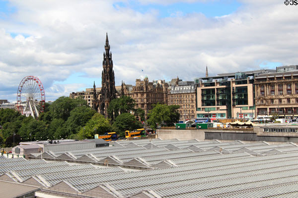 Waverley rail station roof with Scott Monument & Princes Street beyond. Edinburgh, Scotland.