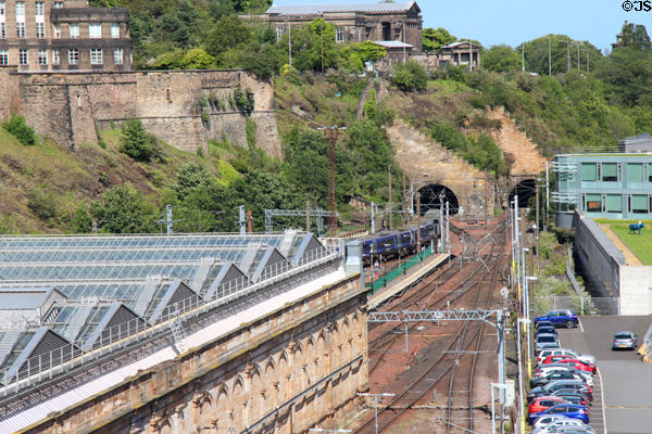 Waverly rail station track & tunnels from North Bridge. Edinburgh, Scotland.