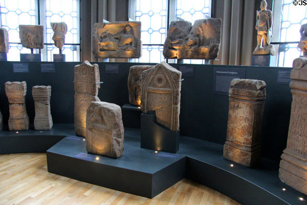Roman stones found along the Antonine Wall (142 CE) in Scotland at Hunterian Museum. Glasgow, Scotland.