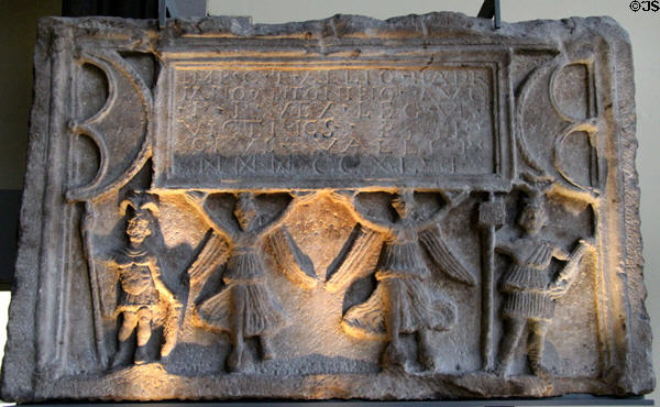 Roman stone carved with two Victory figures with dedication to Emperor Hadrian found in West Dunbartonshire at Hunterian Museum. Glasgow, Scotland.