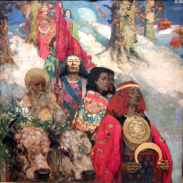 Druids - Bringing in Mistletoe painting (1890) by George Henry & Edward Atkinson Hornel of Glasgow Boys at Kelvingrove Art Gallery. Glasgow, Scotland.