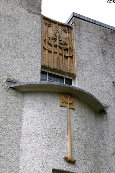 Sandstone carvings over curved facade of House for an Art Lover. Glasgow, Scotland.