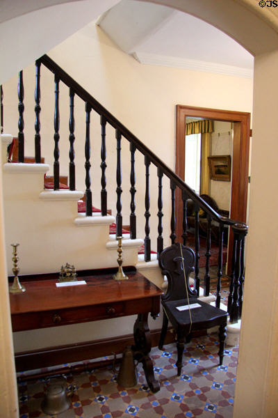 Center hall with stairs in Reid farmhouse at National Museum of Rural Life. Kittochside, Scotland.