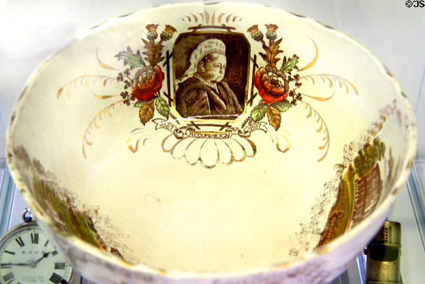Ceramic punchbowl (1897) celebrating 60 years of reign of Queen Victoria features Balmoral Castle at Riverside Museum. Glasgow, Scotland.