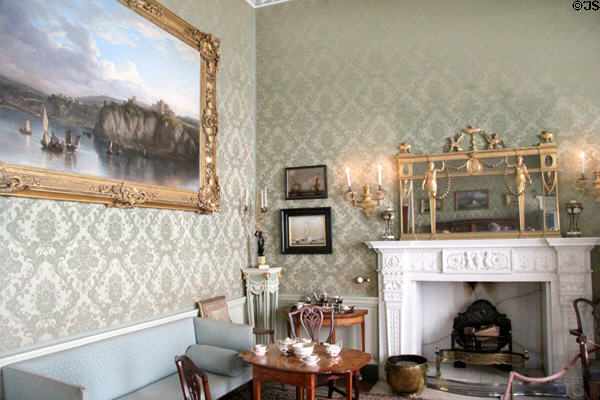 Music room with Culzean seen from sea painting (c1816) by Alexander Nasmyth at Culzean Castle. Maybole, Scotland.