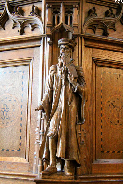 Late 19th C carving of preacher at Dunblane Cathedral. Dunblane, Scotland.