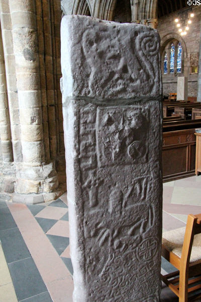 Pictish stone carved with horseback rider & other Pictish symbols at Dunblane Cathedral. Dunblane, Scotland.