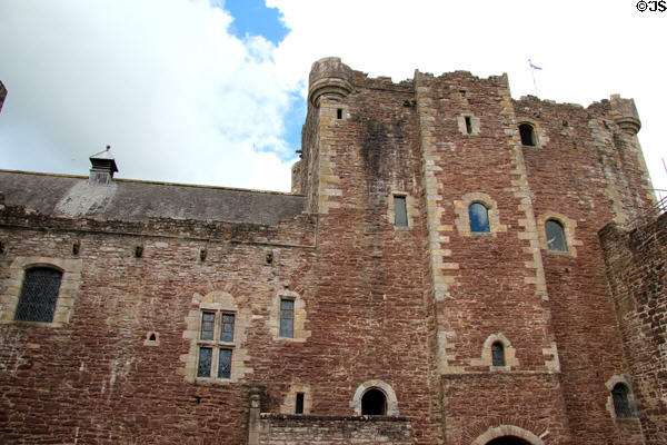 Courtyard view of Doune Castle (1380-1400) run as a museum by Historic Scotland (HES). Doune, Scotland.