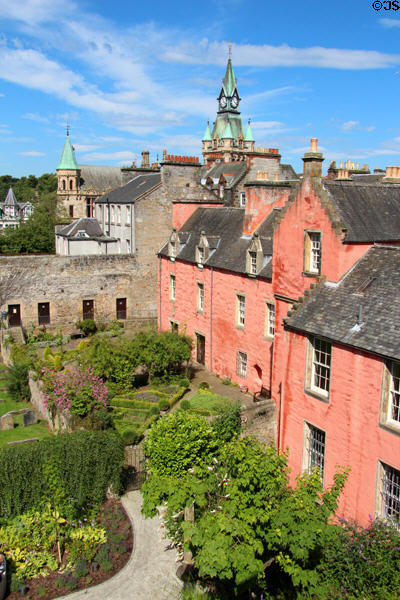Tower of Dunfermline City Chambers over heritage buildings. Dunfermline, Scotland.