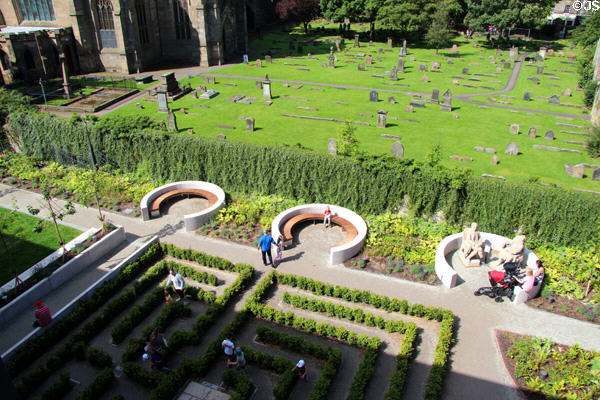 Gardens & Abbey graveyard below Dunfermline Carnegie Library Museum. Dunfermline, Scotland.