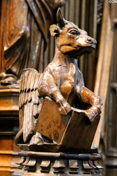Bull of Evangelist St Luke on pulpit of Dunfermline New Abbey Church. Dunfermline, Scotland.