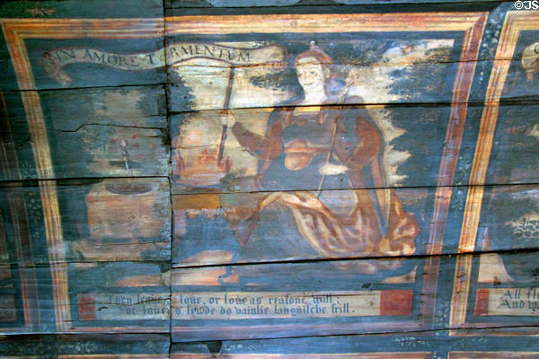Torture of love painted ceiling panel in painted chamber at Culross Palace at Culross Palace. Culross, Scotland.