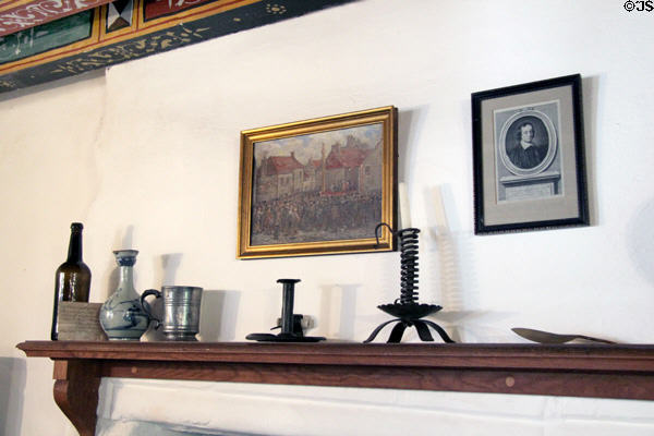 Fireplace mantle with 17thC objects including variable height spiral candlestick at The Study. Culross, Scotland.