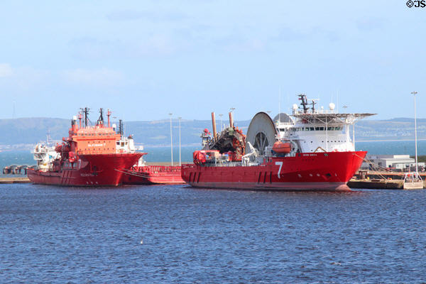 Cable laying ships at Leith harbor. Edinburgh, Scotland.