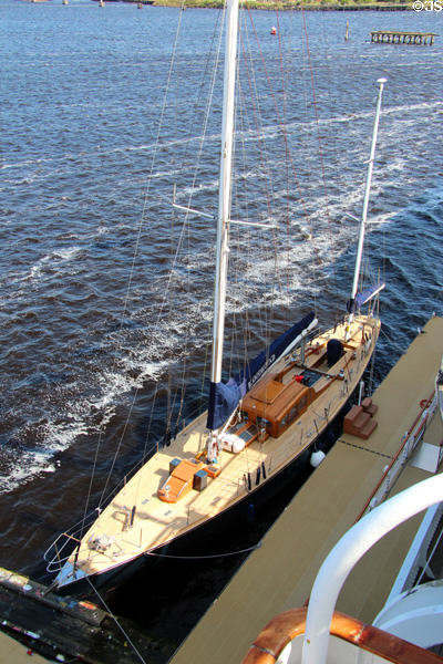 Racing yacht heritage ship Bloodhound at Leith harbor. Edinburgh, Scotland.