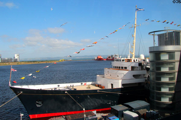 Bow of Royal Yacht Britannia in Leith harbor. Edinburgh, Scotland.