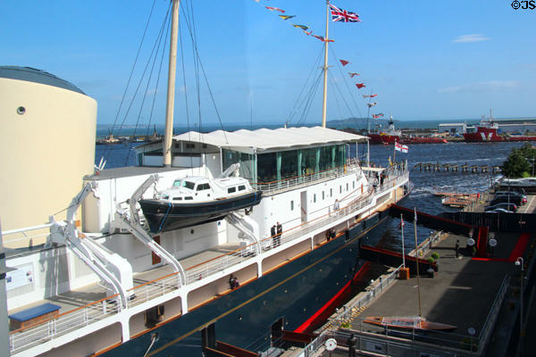 View to stern of Royal Yacht Britannia. Edinburgh, Scotland.