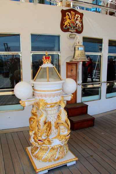 Replica of compass binnacle originally on Royal George (1817) & successive royal yachts displayed on Verandah deck of Royal Yacht Britannia. Edinburgh, Scotland.