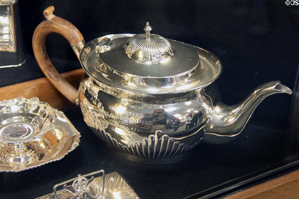 Silver teapot in officer's mess on Royal Yacht Britannia. Edinburgh, Scotland.