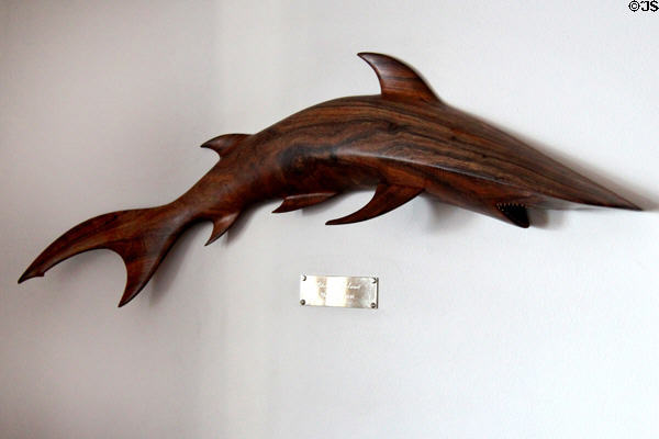 Fish carving (1971) gift from Pitcairn Islands in State Dining Room on Royal Yacht Britannia. Edinburgh, Scotland.