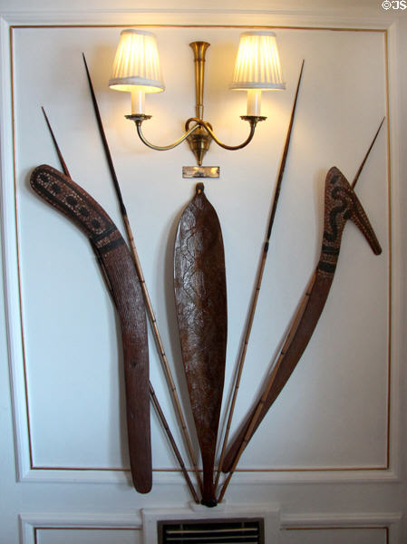 Australian aboriginal weapons (1956) in State Dining Room on Royal Yacht Britannia. Edinburgh, Scotland.