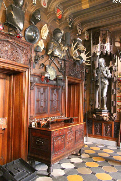 Entrance hall with Scottish arms collection of Sir Walter Scott at Abbotsford House. Melrose, Scotland.