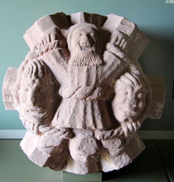 Vault boss carved with St Andrew on saltire cross at Dryburgh Abbey. Scotland.