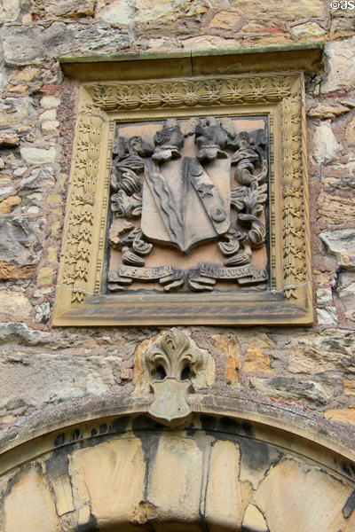 Coat of arms over entrance at Mary Queen of Scots House. Jedburgh, Scotland.