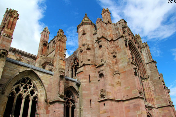 Exterior carvings decorate Melrose Abbey. Melrose, Scotland.