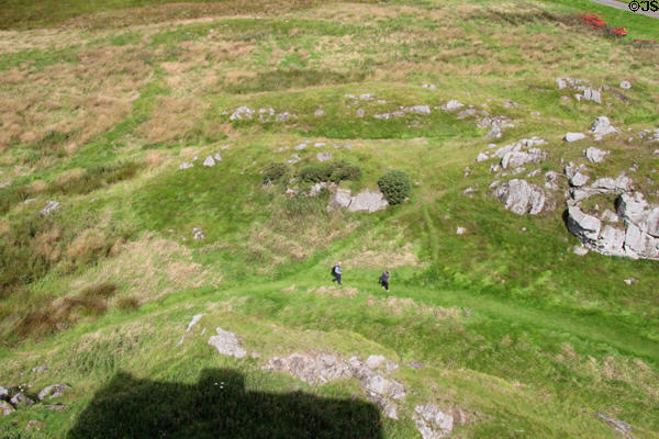 Hikers pass Smailholm Tower. Scotland.