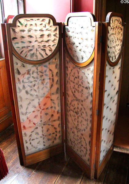 Collection of fishing flies in room screen at Thirlestane Castle. Scotland.