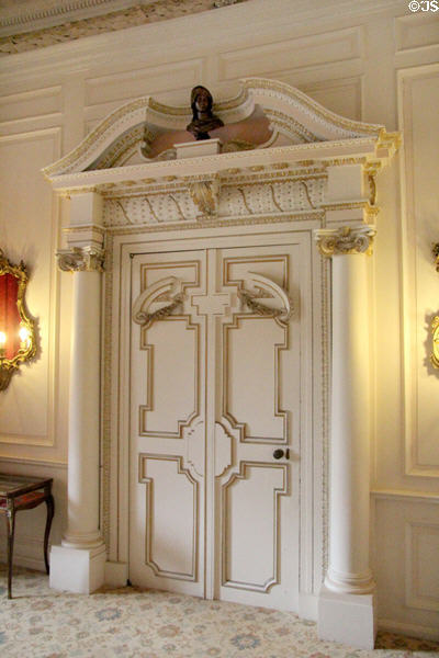 Doorway with pediment & bust ante drawing room at Thirlestane Castle. Scotland.