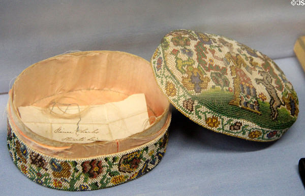 Beaded box containing hair of Bonnie Prince Charlie at Traquair House. Scotland.