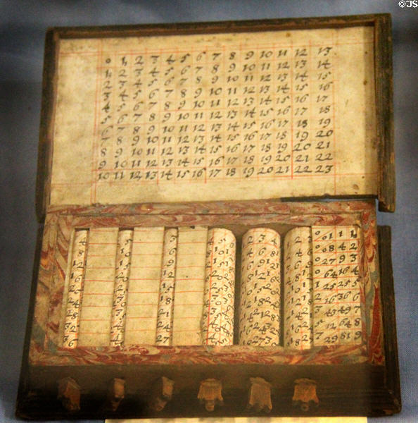 Set of Napier's Bones (c1600) for multiplication (precursor of slide rule) at Traquair House. Scotland.