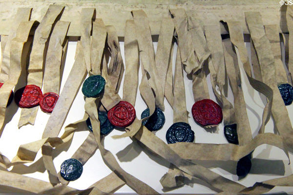 Seals on copy of Declaration of Arbroath (1320) a forerunner of American Declaration of Independence at Arbroath Abbey. Arbroath, Scotland.