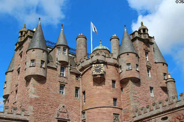Architectural details of main tower at Glamis Castle. Angus, Scotland.