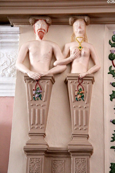 Great hall fireplace sculpted figures on columns at Glamis Castle. Angus, Scotland.