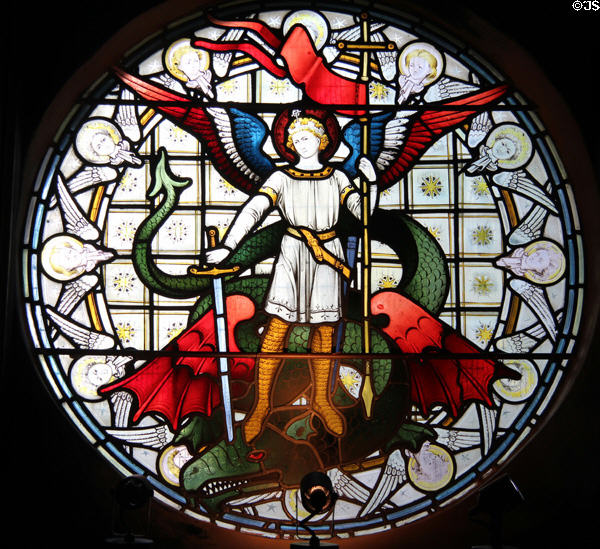 Stained glass window of St George slaying dragon in chapel at Glamis Castle. Angus, Scotland.