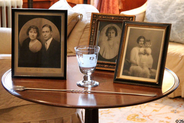 Royal family photos in Queen Mother sitting area at Glamis Castle. Angus, Scotland.