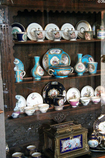 Porcelain collection in Queen Mother sitting area at Glamis Castle. Angus, Scotland.