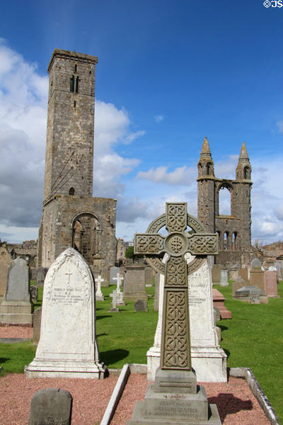 Celtic cross before ruins at St Andrews Cathedral. St Andrews, Scotland.