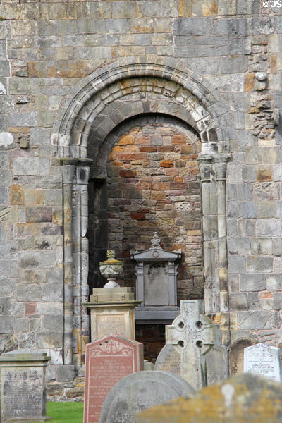 Rounded arch entrance to St Rule's Tower (12thC) at St Andrews Cathedral. St Andrews, Scotland.