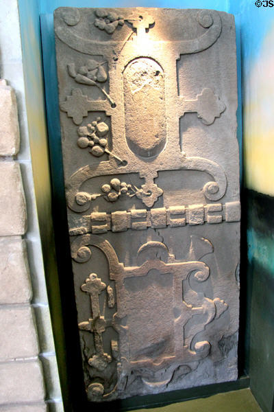 Carved stone tomb panels in local style (17thC) at St Andrews Castle. St Andrews, Scotland.