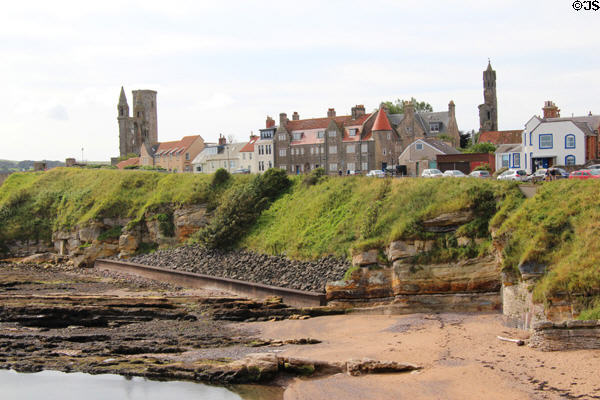 View of town & cathedral towers from St Andrews Castle. St Andrews, Scotland.