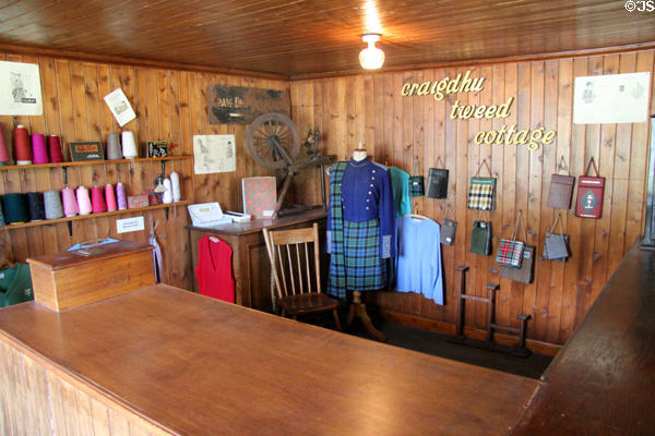 Tweed samples & bobbins in Craigdhu tweed weaving cottage at Highland Folk Museum. Newtonmore, Scotland.