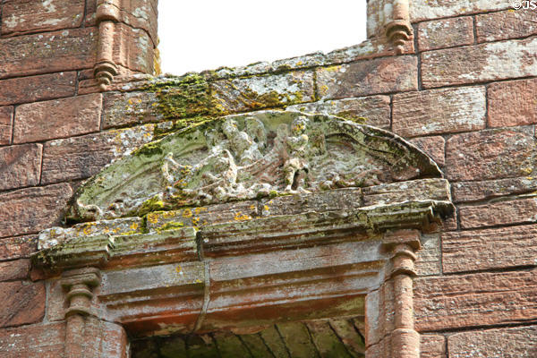Stone carved allegory of love on facade of Nithsdale Lodging at Caerlaverock Castle. Caerlaverock, Scotland.