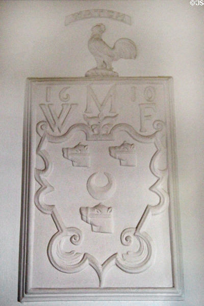 Sculpted ceiling detail of Forbes crest with three muzzled bears (1610) in Nursery at Craigievar Castle. Alford, Scotland.