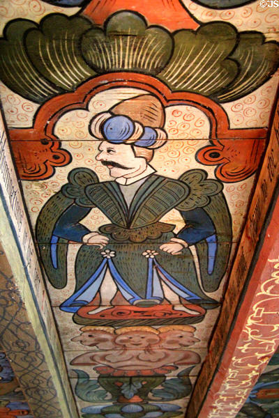 Sultan-like figure on ceiling painting in Green Lady's room at Crathes Castle. Crathes, Scotland.