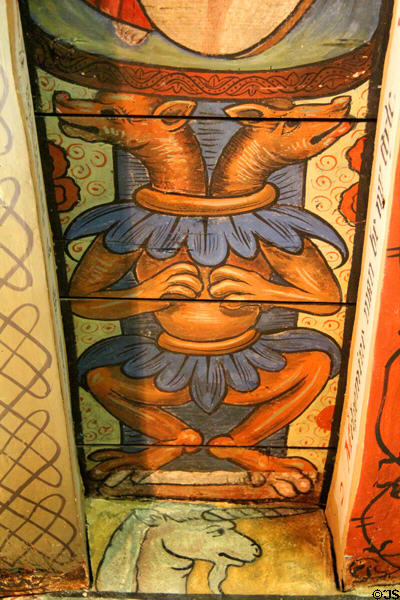 Two-headed dog ceiling painting in Muses room at Crathes Castle. Crathes, Scotland.